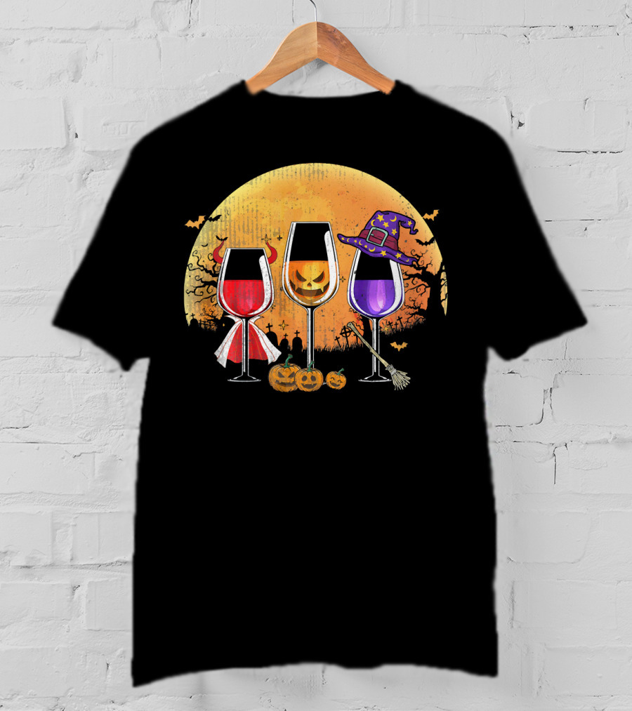 Three Wine Glasses Halloween Pumpkin Witch Hat Bats Moon And Jack-O'-Lanterns T-Shirt