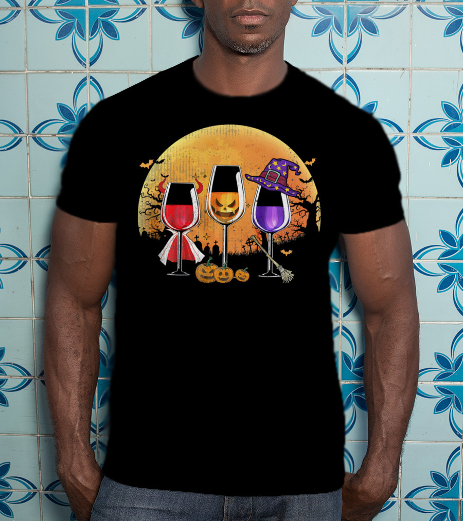 Three Wine Glasses Halloween Pumpkin Witch Hat Bats Moon And Jack-O'-Lanterns T-Shirt