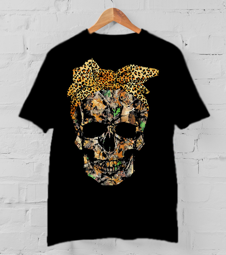 Camouflage Skull With Leopard Print Bow And Hunting Elements T-Shirt