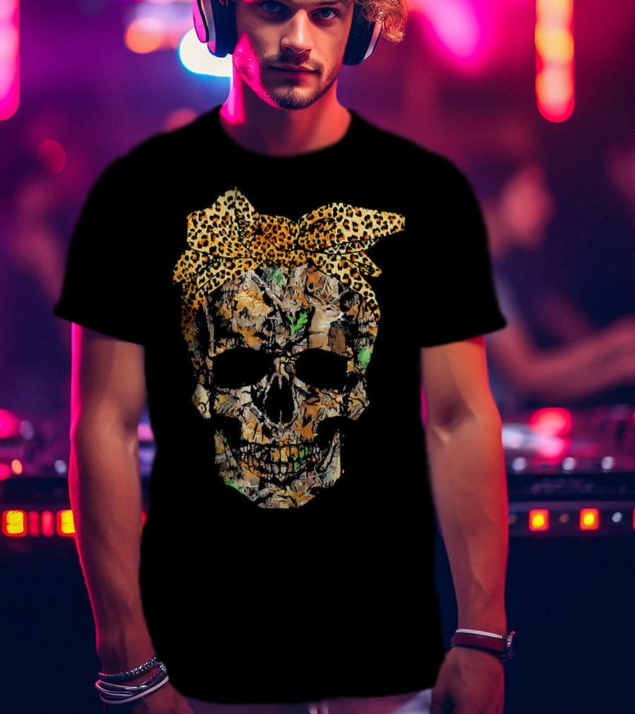 Camouflage Skull With Leopard Print Bow And Hunting Elements T-Shirt
