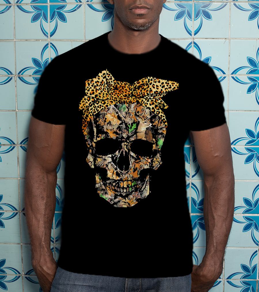Camouflage Skull With Leopard Print Bow And Hunting Elements T-Shirt