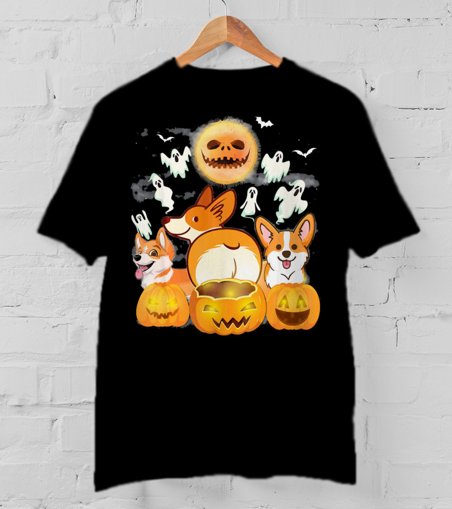 Welsh Corgi Cardigans Pumpkin Ghosts Halloween Team With Spooky Bats T-Shirt