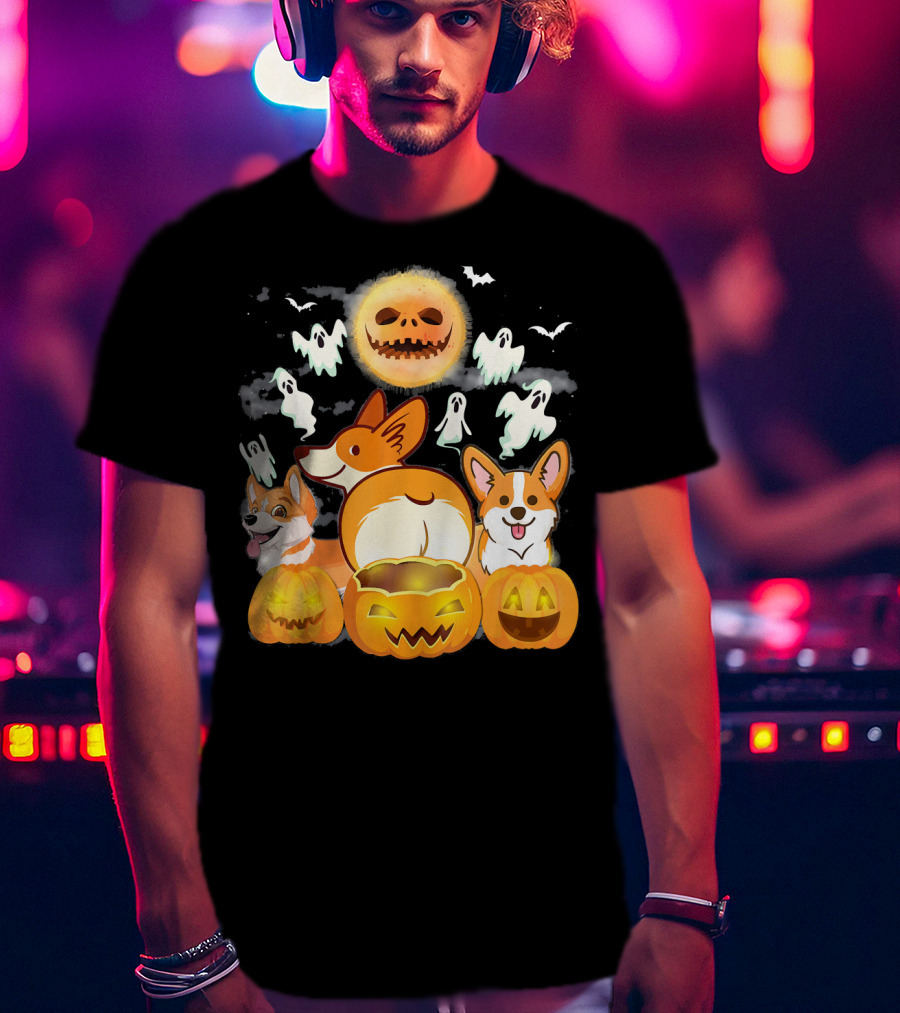 Welsh Corgi Cardigans Pumpkin Ghosts Halloween Team With Spooky Bats T-Shirt
