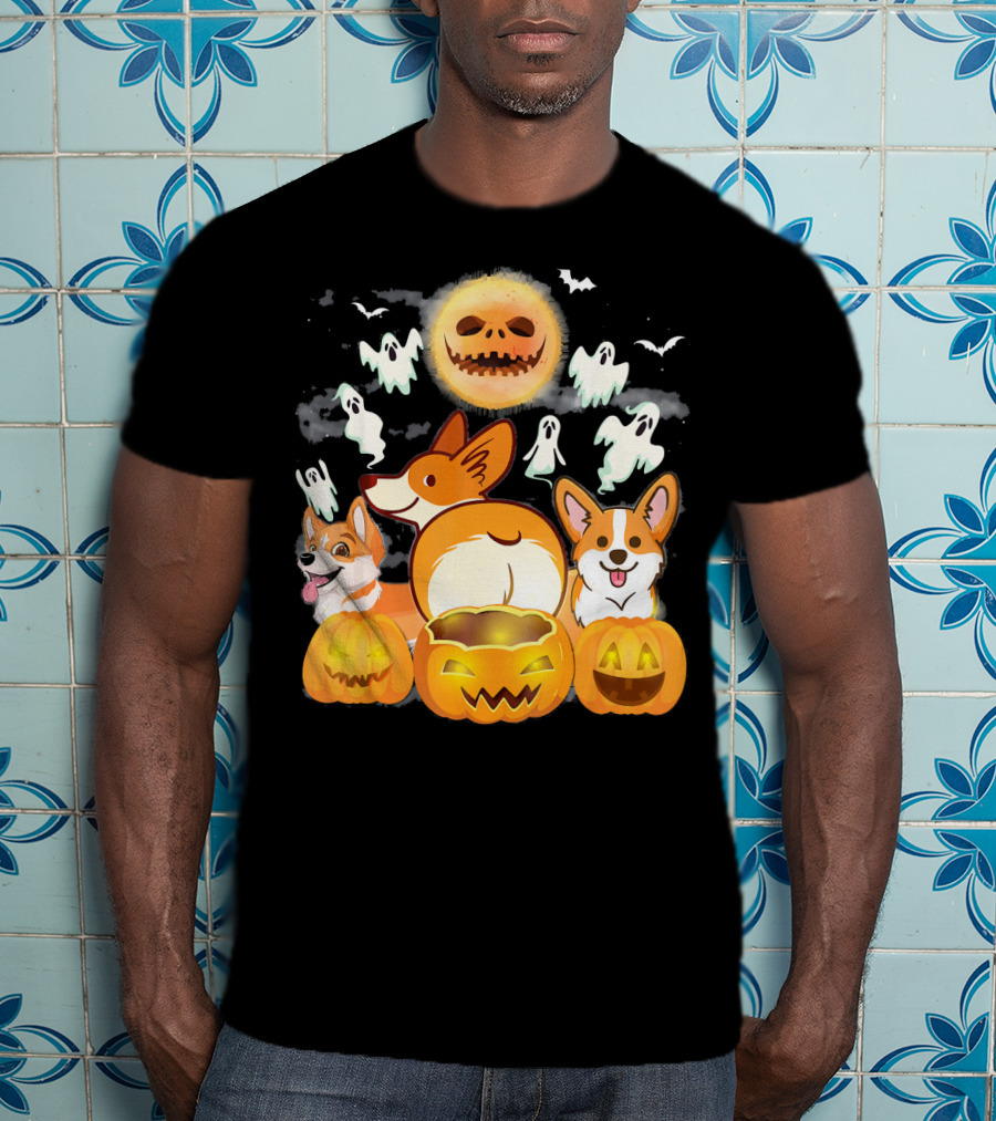 Welsh Corgi Cardigans Pumpkin Ghosts Halloween Team With Spooky Bats T-Shirt
