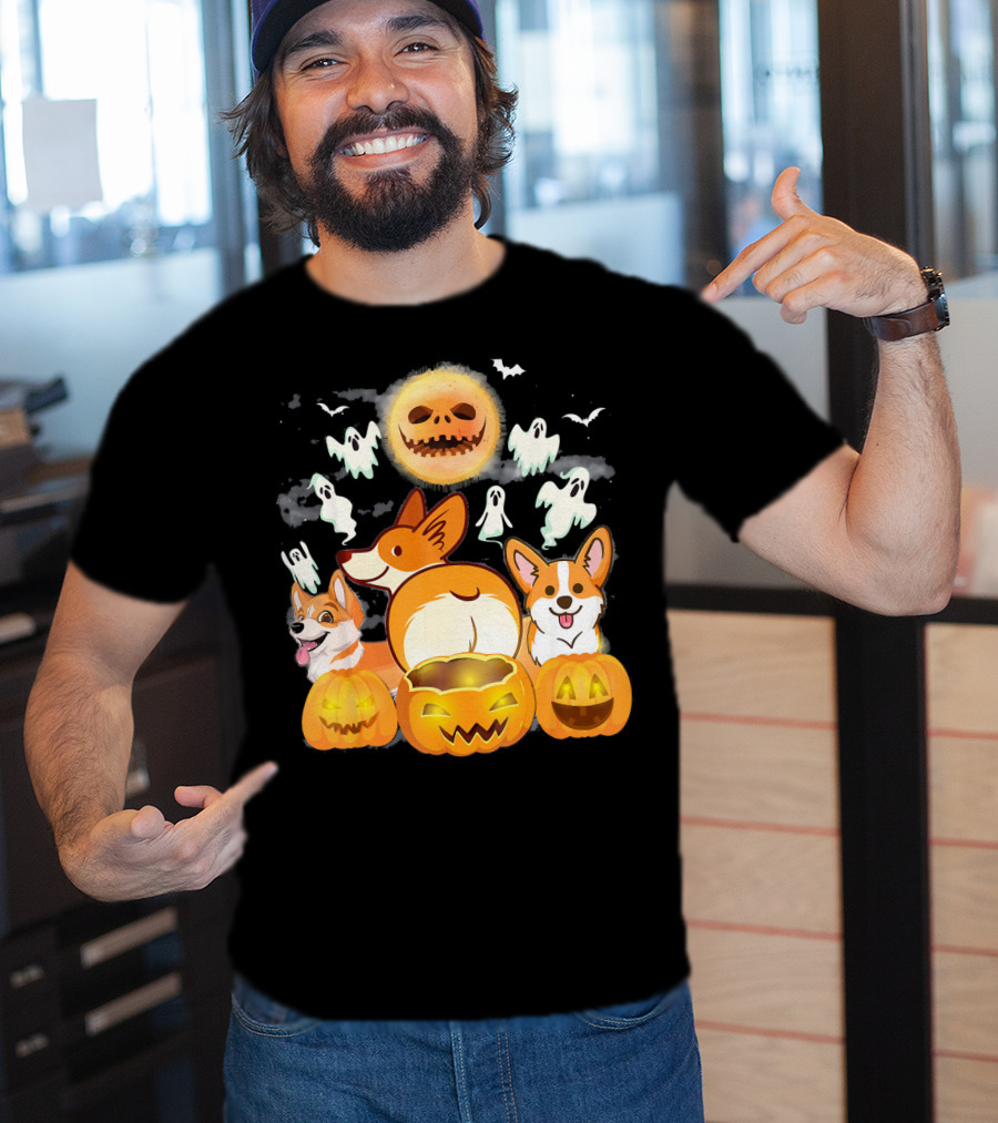 Welsh Corgi Cardigans Pumpkin Ghosts Halloween Team With Spooky Bats T-Shirt