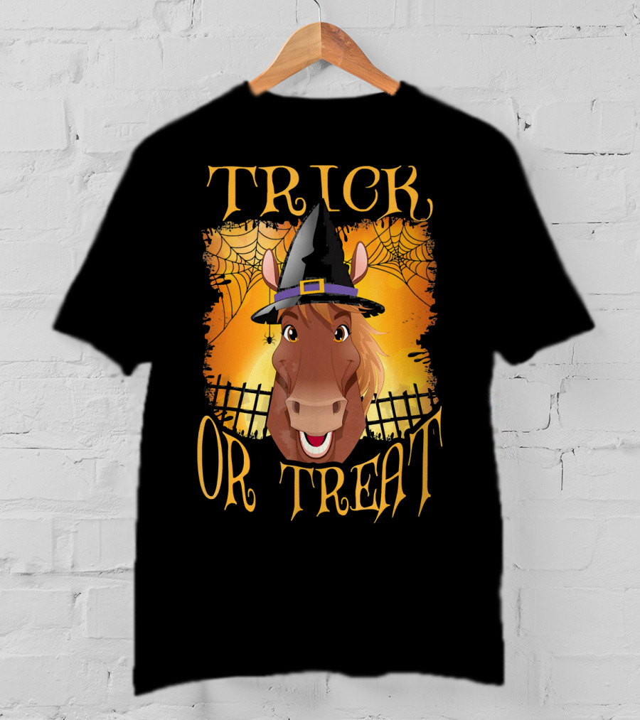 Trick Or Treat Horse With Witch Hat And Spider Web T-Shirt