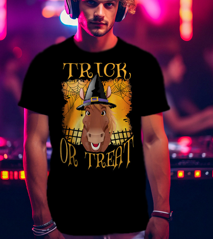 Trick Or Treat Horse With Witch Hat And Spider Web T-Shirt