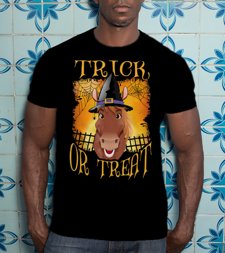 Trick Or Treat Horse With Witch Hat And Spider Web T-Shirt