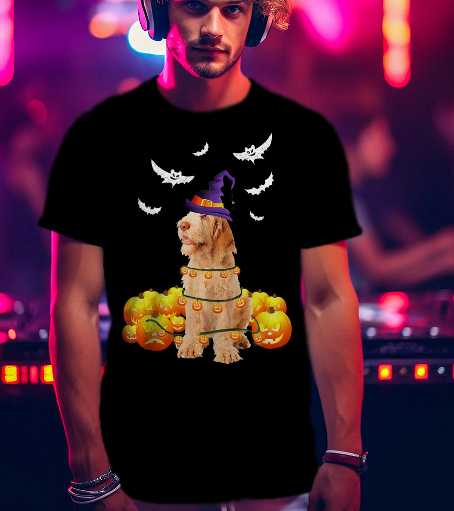 Spinone Italiano Dog Halloween Pumpkin Lights And Bats T-Shirt