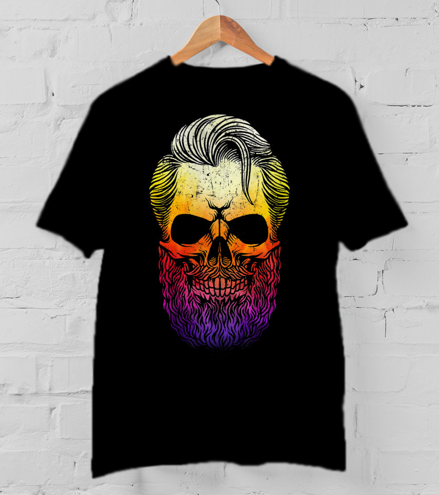 Creepy Bearded Skull With Colorful Gradient For Halloween And Ske T-Shirt