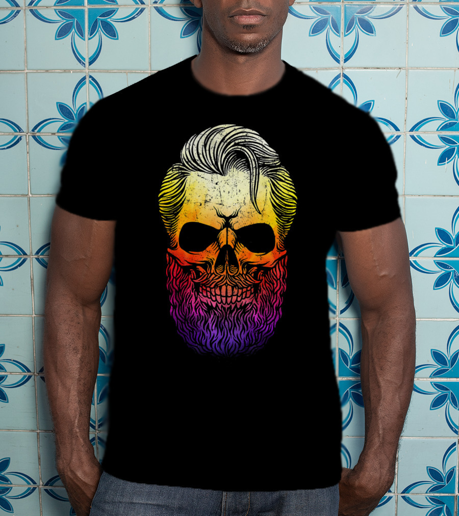 Creepy Bearded Skull With Colorful Gradient For Halloween And Ske T-Shirt