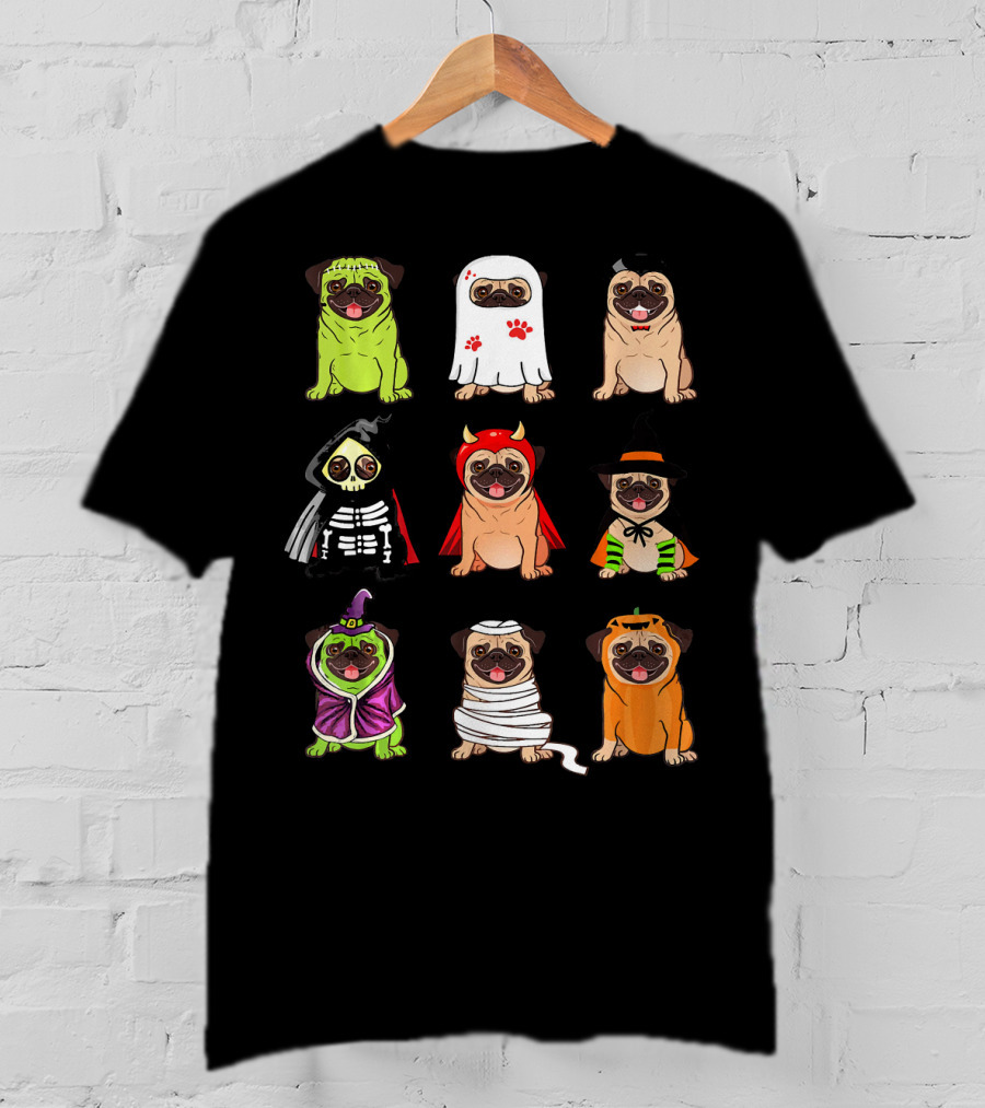 Pug Costume Halloween Funny Pugs Ghosts Skeleton Devil Witch Mummy Pumpkin Dogs T-Shirt