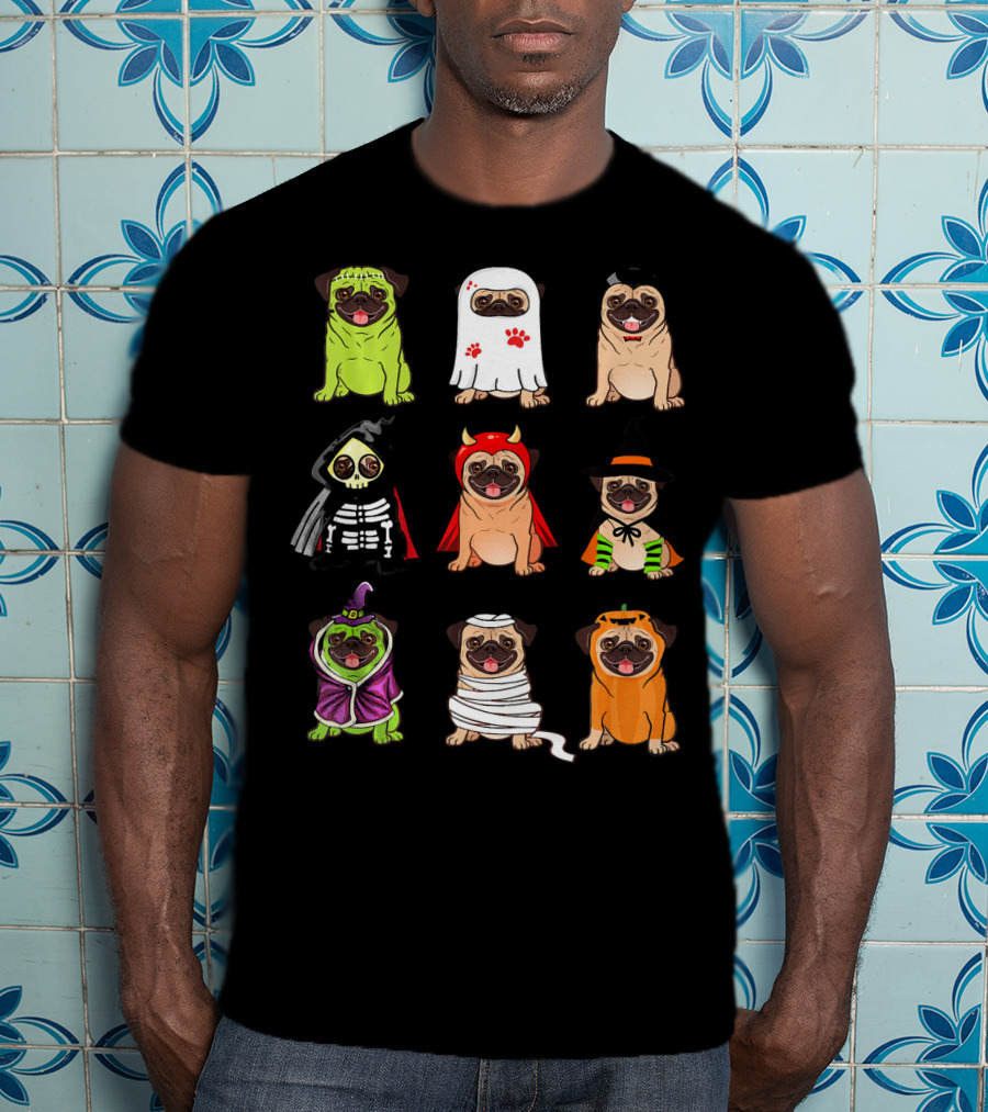 Pug Costume Halloween Funny Pugs Ghosts Skeleton Devil Witch Mummy Pumpkin Dogs T-Shirt