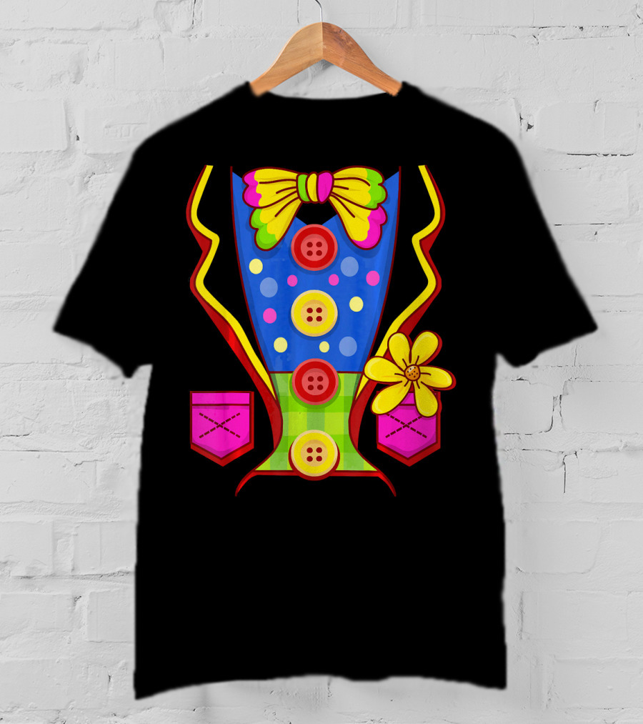 Clown Colorful Bow Tie And Buttons Outfit With Flower Pockets T-Shirt