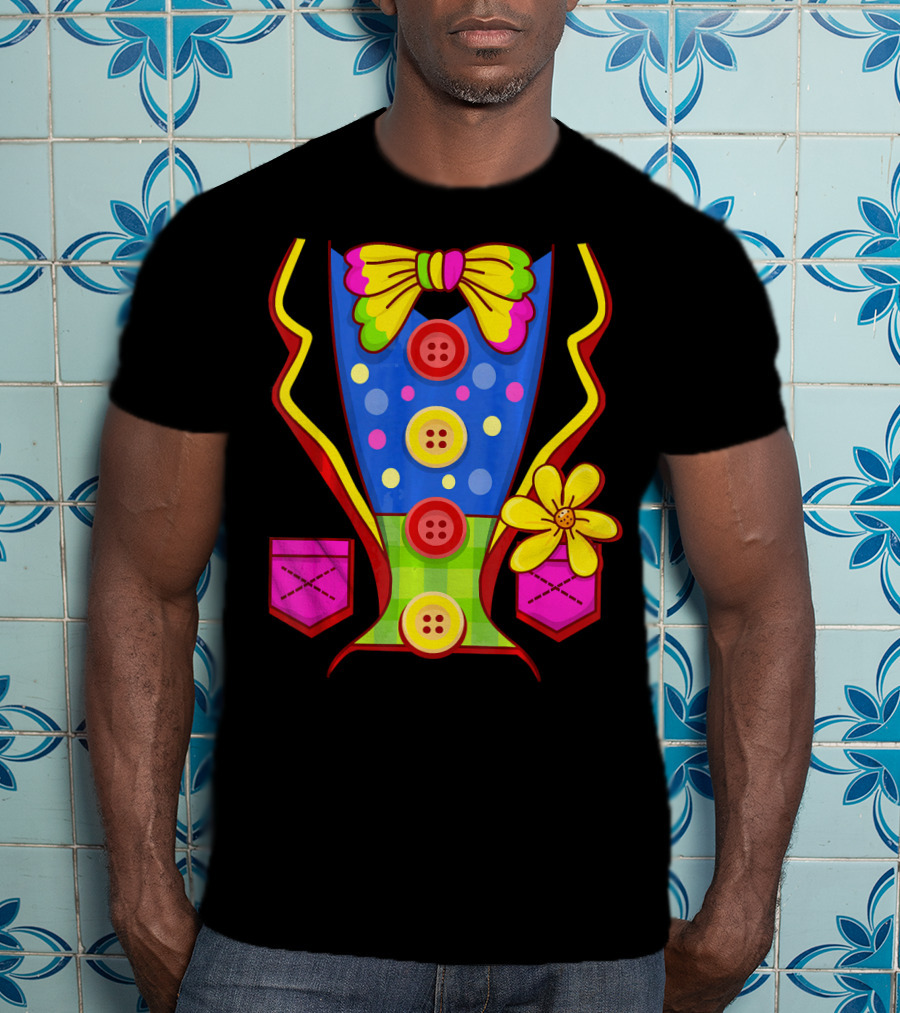 Clown Colorful Bow Tie And Buttons Outfit With Flower Pockets T-Shirt