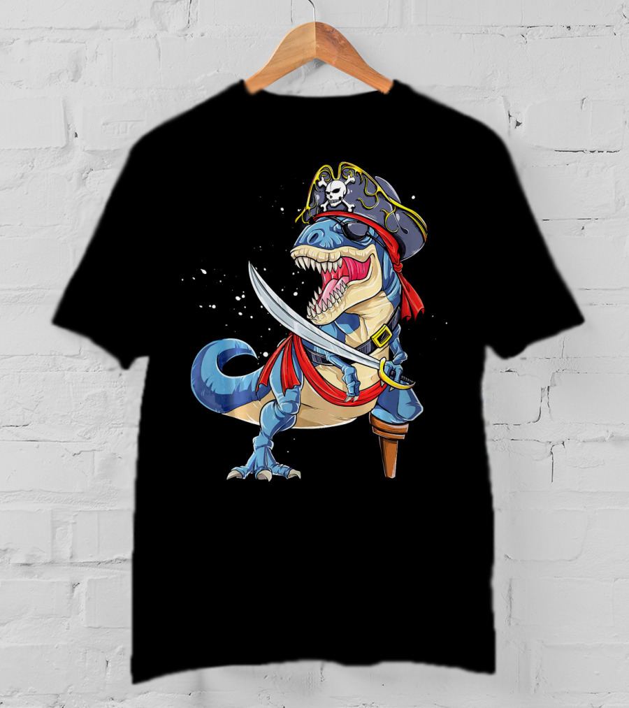 T-Rex Pirate Jolly Roger Dinosaur With Peg Leg And Sword T-Shirt