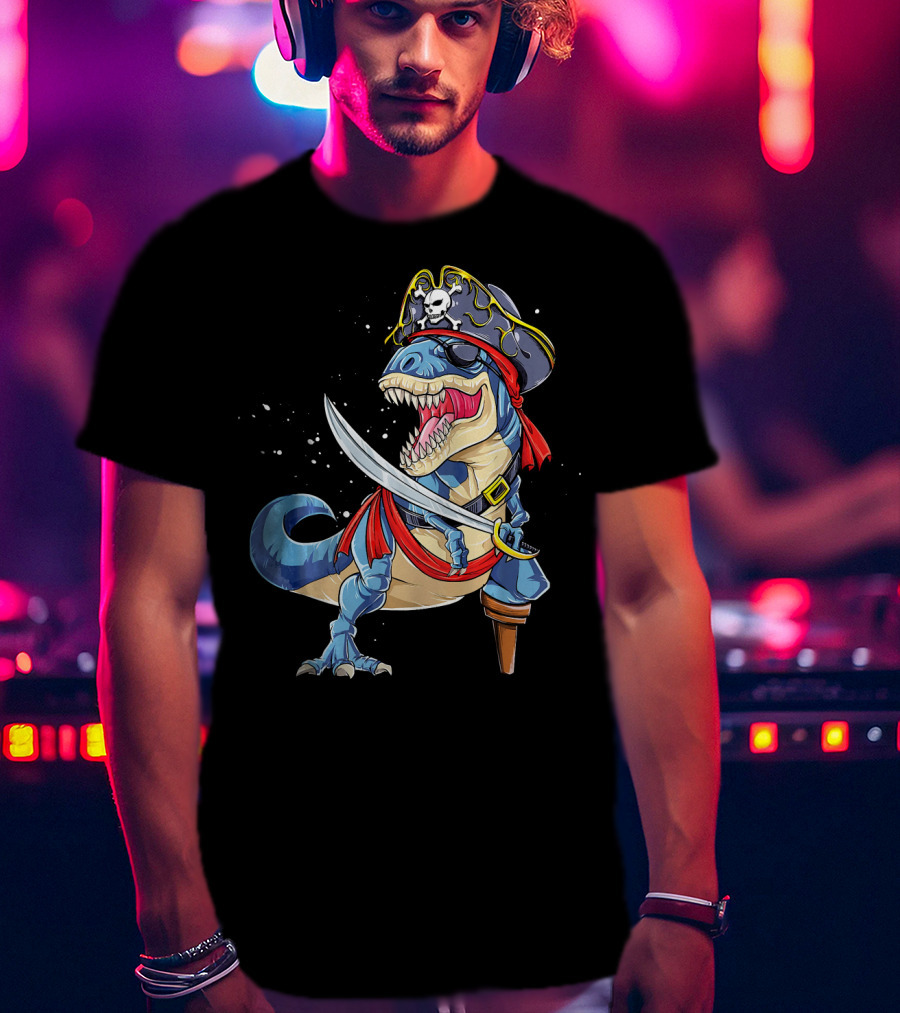 T-Rex Pirate Jolly Roger Dinosaur With Peg Leg And Sword T-Shirt