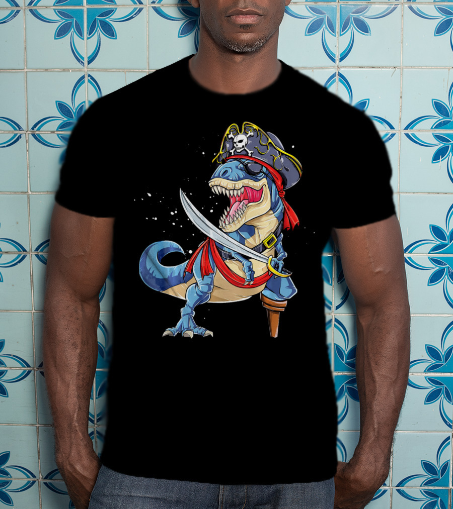 T-Rex Pirate Jolly Roger Dinosaur With Peg Leg And Sword T-Shirt