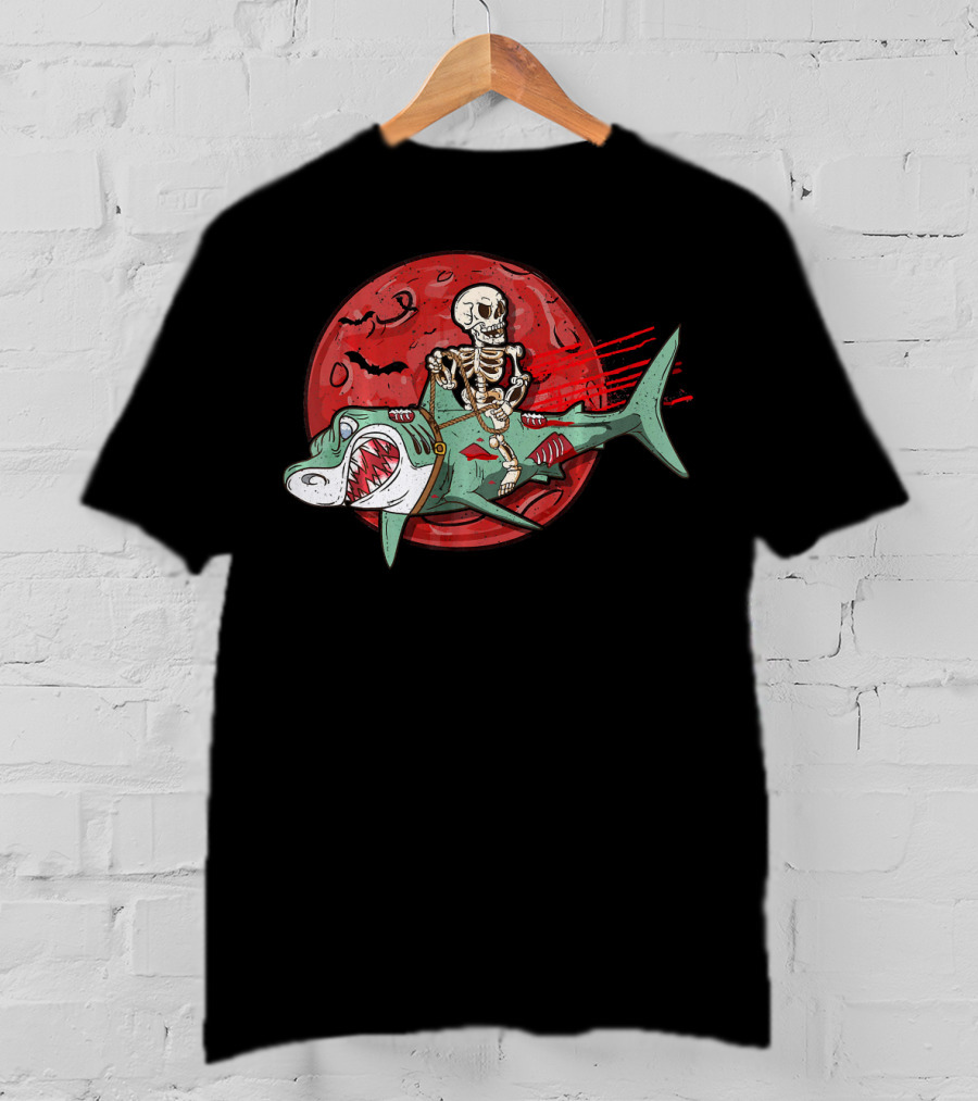 Skeleton Riding Shark Zombie With Red Moon And Bats T-Shirt