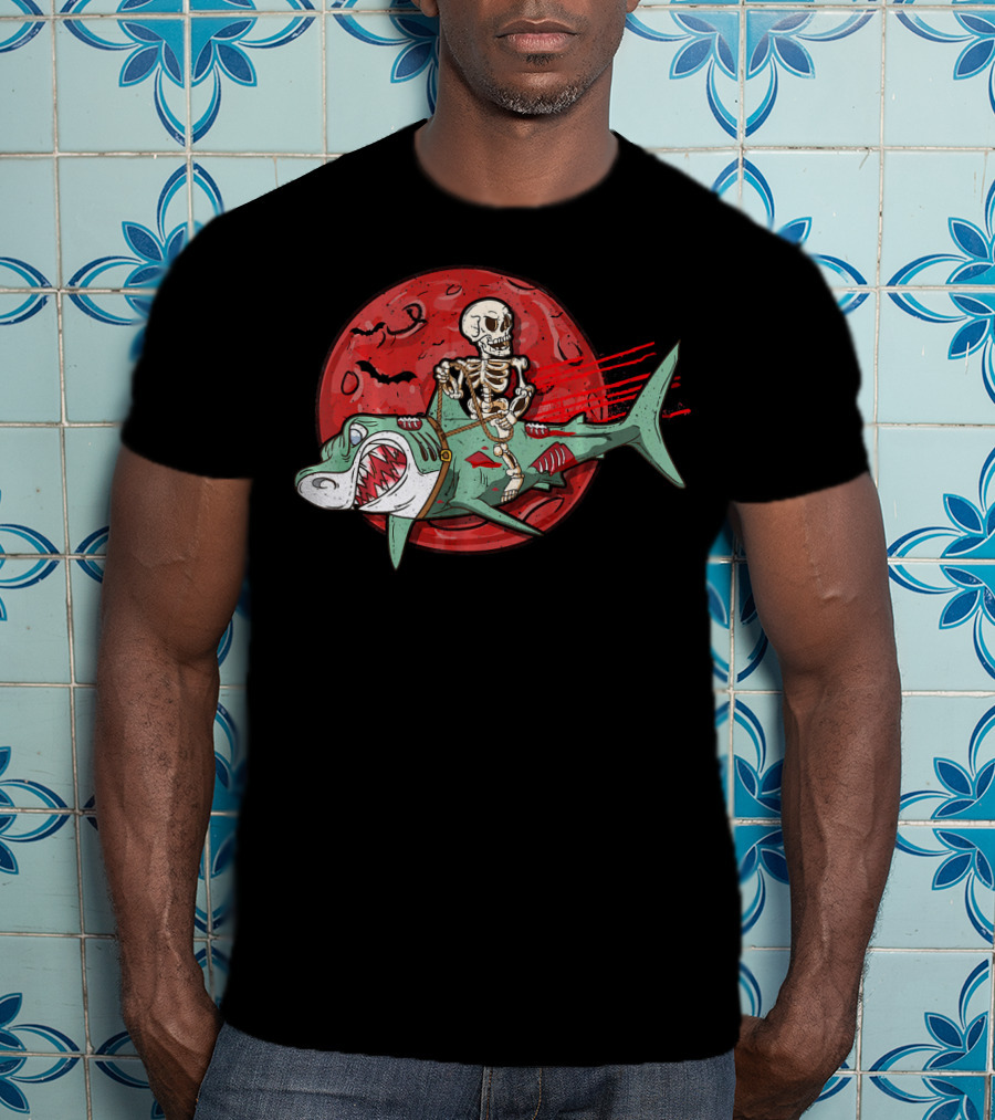 Skeleton Riding Shark Zombie With Red Moon And Bats T-Shirt