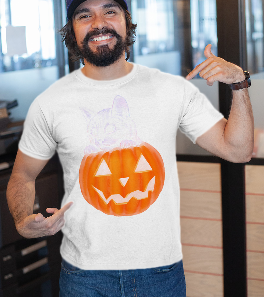 Kitten Peeking From Jack-O'-Lantern Pumpkin Halloween T-Shirt