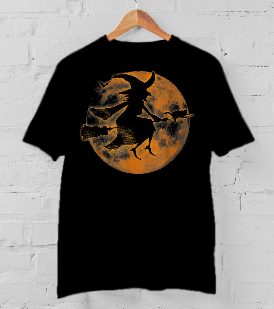 Halloween Spooky Witch And Cat On Broomstick Full Moon Scene T-Shirt