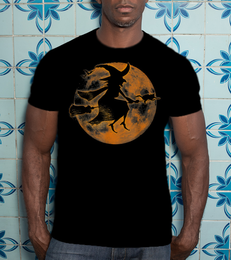 Halloween Spooky Witch And Cat On Broomstick Full Moon Scene T-Shirt