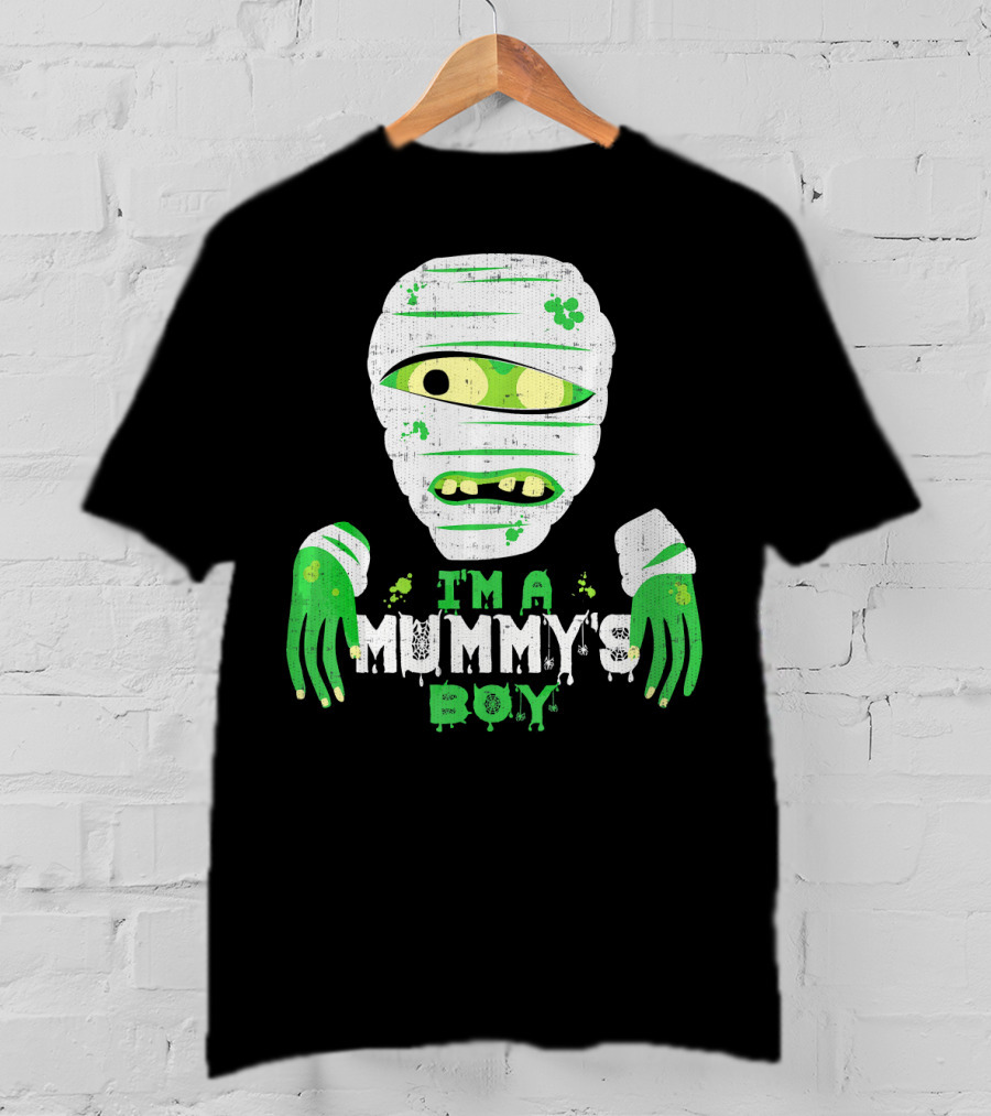 Creepy I'm A Mummy's Boy Green Cartoon Mummy Face And Hands T-Shirt