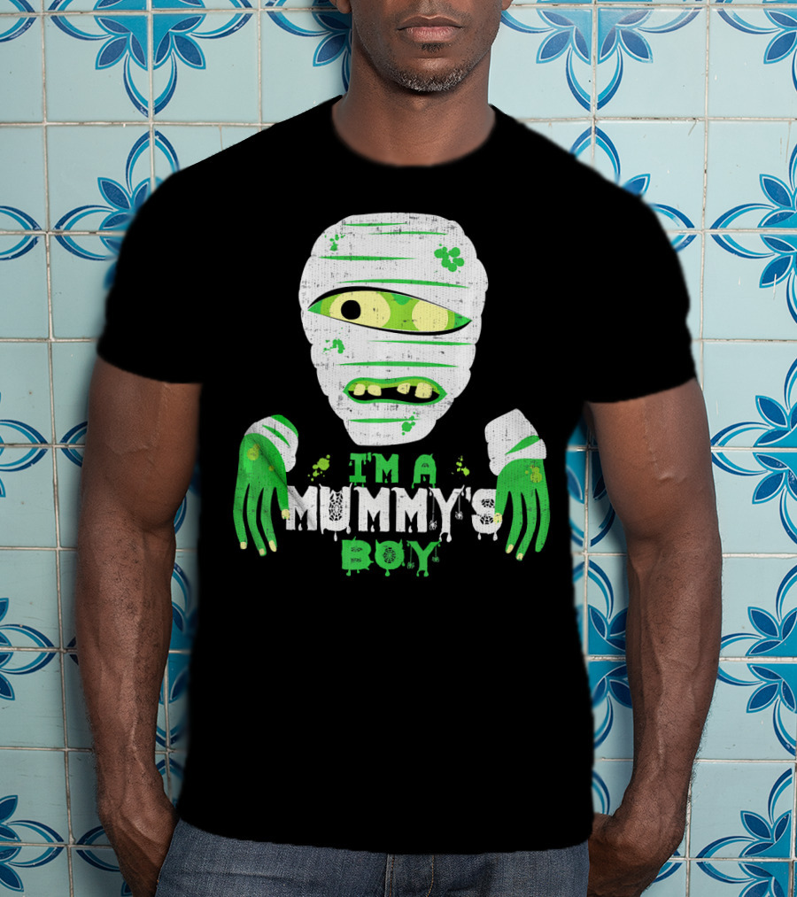 Creepy I'm A Mummy's Boy Green Cartoon Mummy Face And Hands T-Shirt