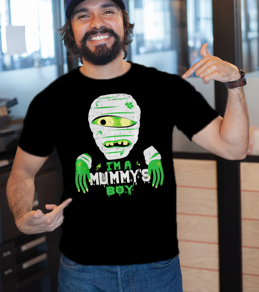 Creepy I'm A Mummy's Boy Green Cartoon Mummy Face And Hands T-Shirt