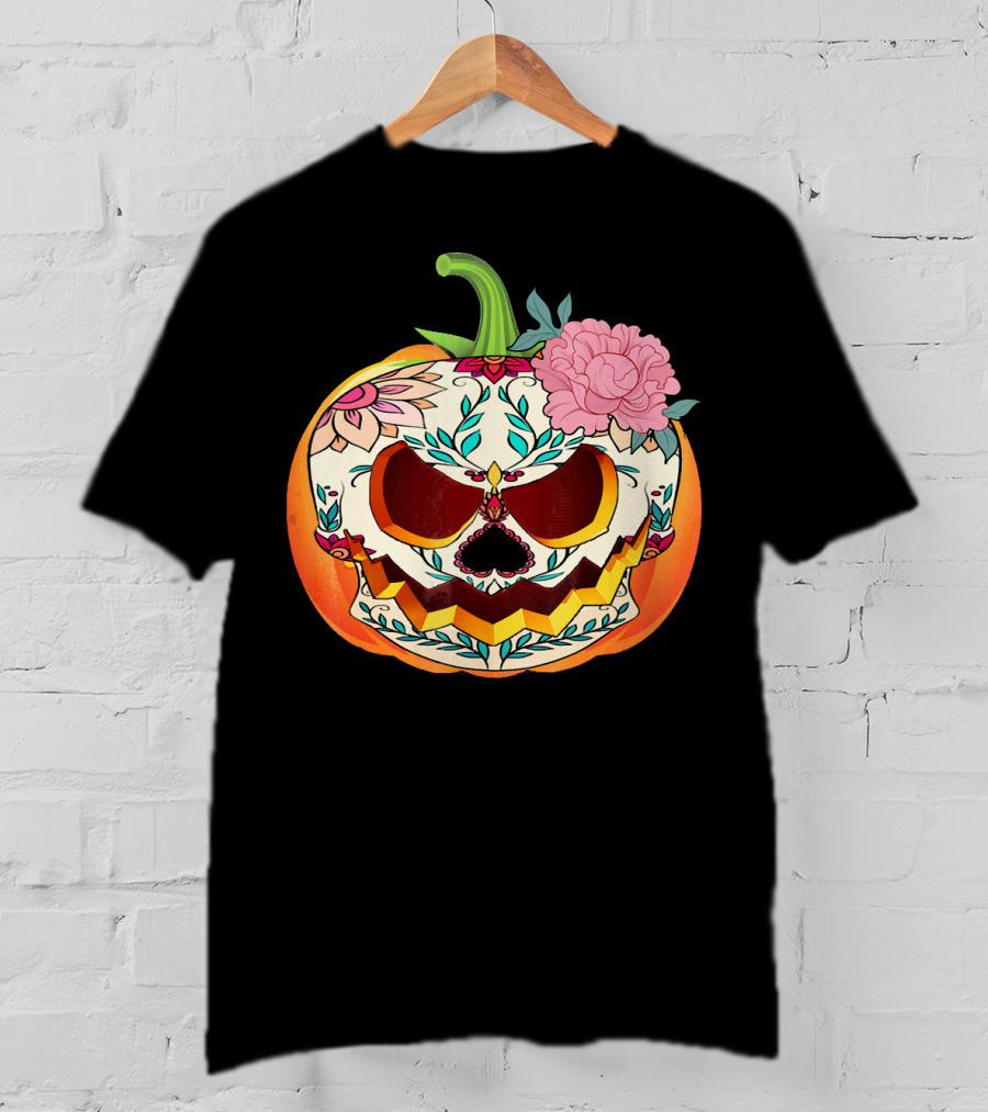 Day Of The Dead Pumpkin Sugar Skull With Floral T-Shirt