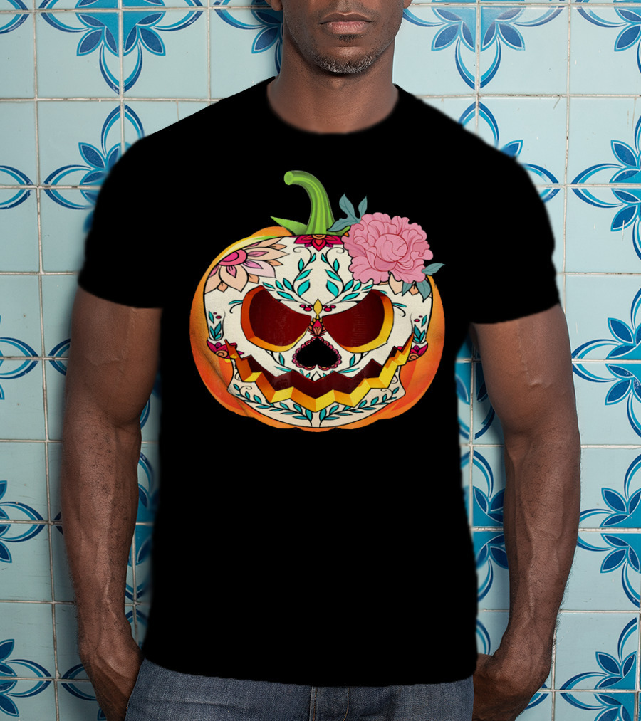 Day Of The Dead Pumpkin Sugar Skull With Floral T-Shirt