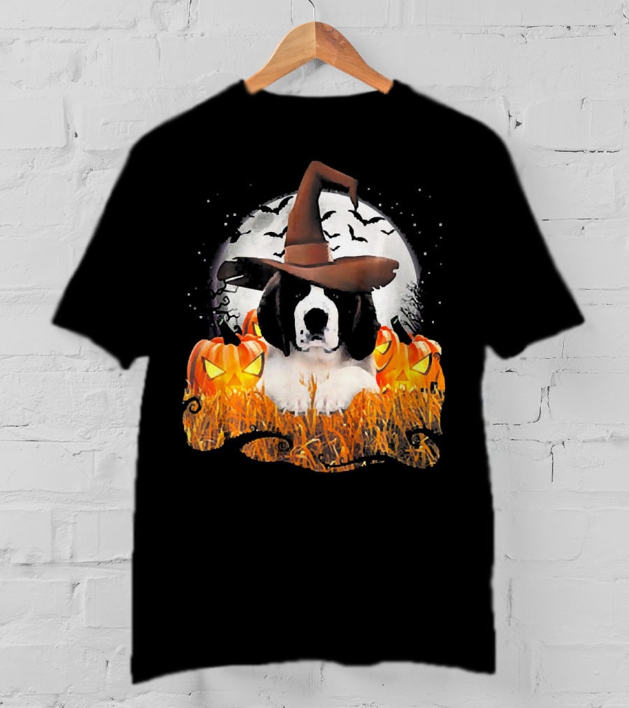 Cute Saint Bernard Dog Witch With Pumpkins And Full Moon T-Shirt