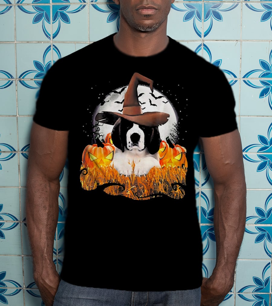 Cute Saint Bernard Dog Witch With Pumpkins And Full Moon T-Shirt