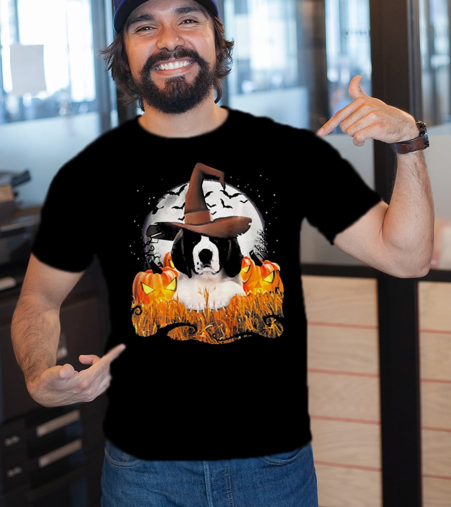 Cute Saint Bernard Dog Witch With Pumpkins And Full Moon T-Shirt