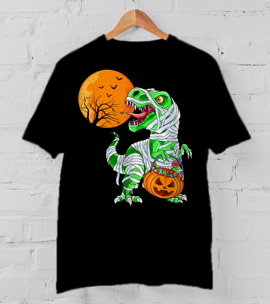 Halloween Mummy T Rex With Pumpkin Candy Under Full Moon T-Shirt
