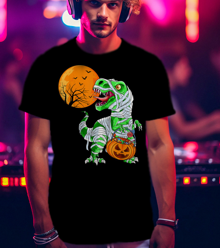 Halloween Mummy T Rex With Pumpkin Candy Under Full Moon T-Shirt