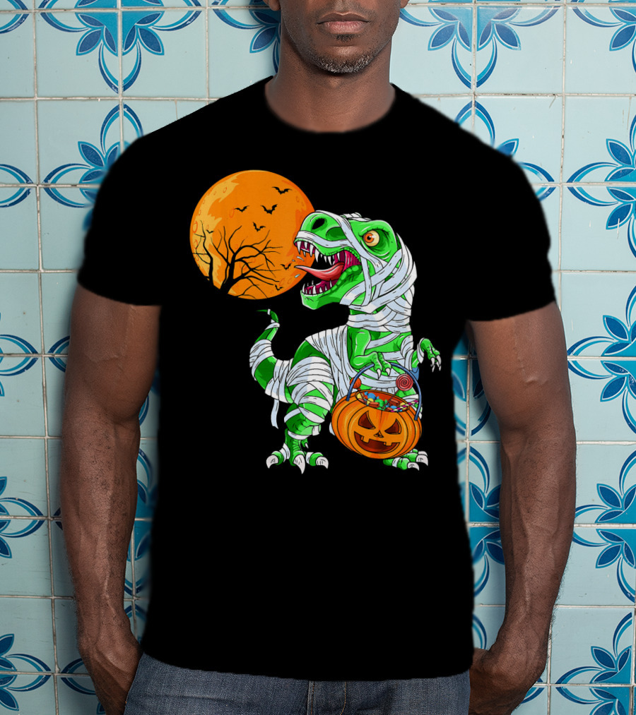 Halloween Mummy T Rex With Pumpkin Candy Under Full Moon T-Shirt