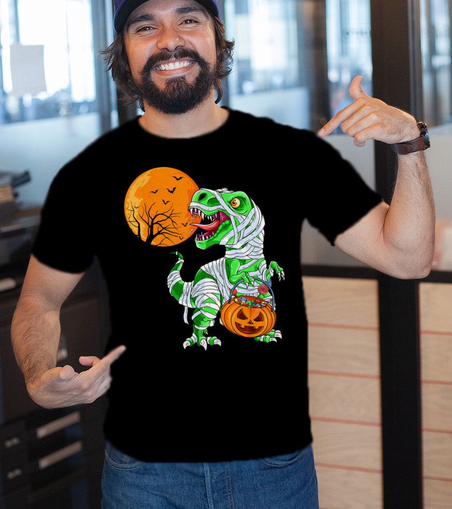 Halloween Mummy T Rex With Pumpkin Candy Under Full Moon T-Shirt