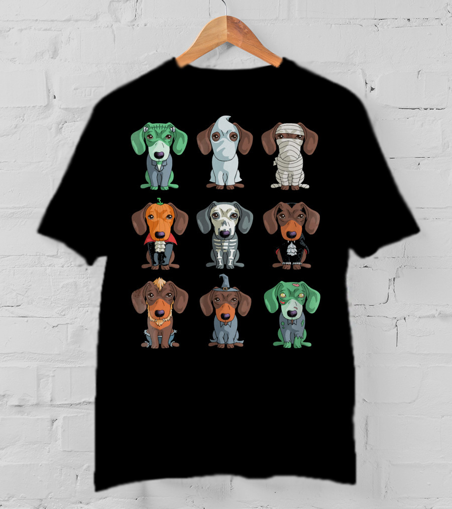 Dachshund Halloween Funny Weiner Frankenstein Ghost Mummy Pumpkin Skeleton Vampire Wizard Zombie Monster T-Shirt