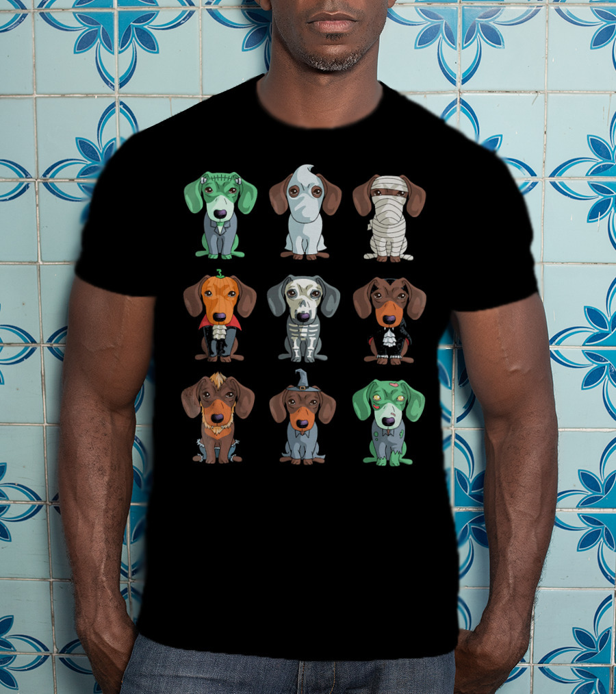 Dachshund Halloween Funny Weiner Frankenstein Ghost Mummy Pumpkin Skeleton Vampire Wizard Zombie Monster T-Shirt