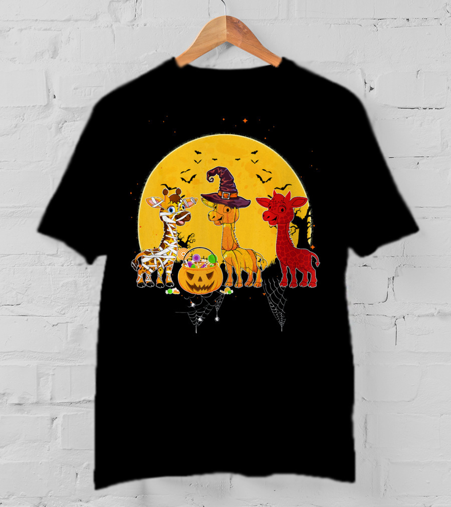 Three Giraffes Halloween Moon Mummy Witch Devil T-Shirt