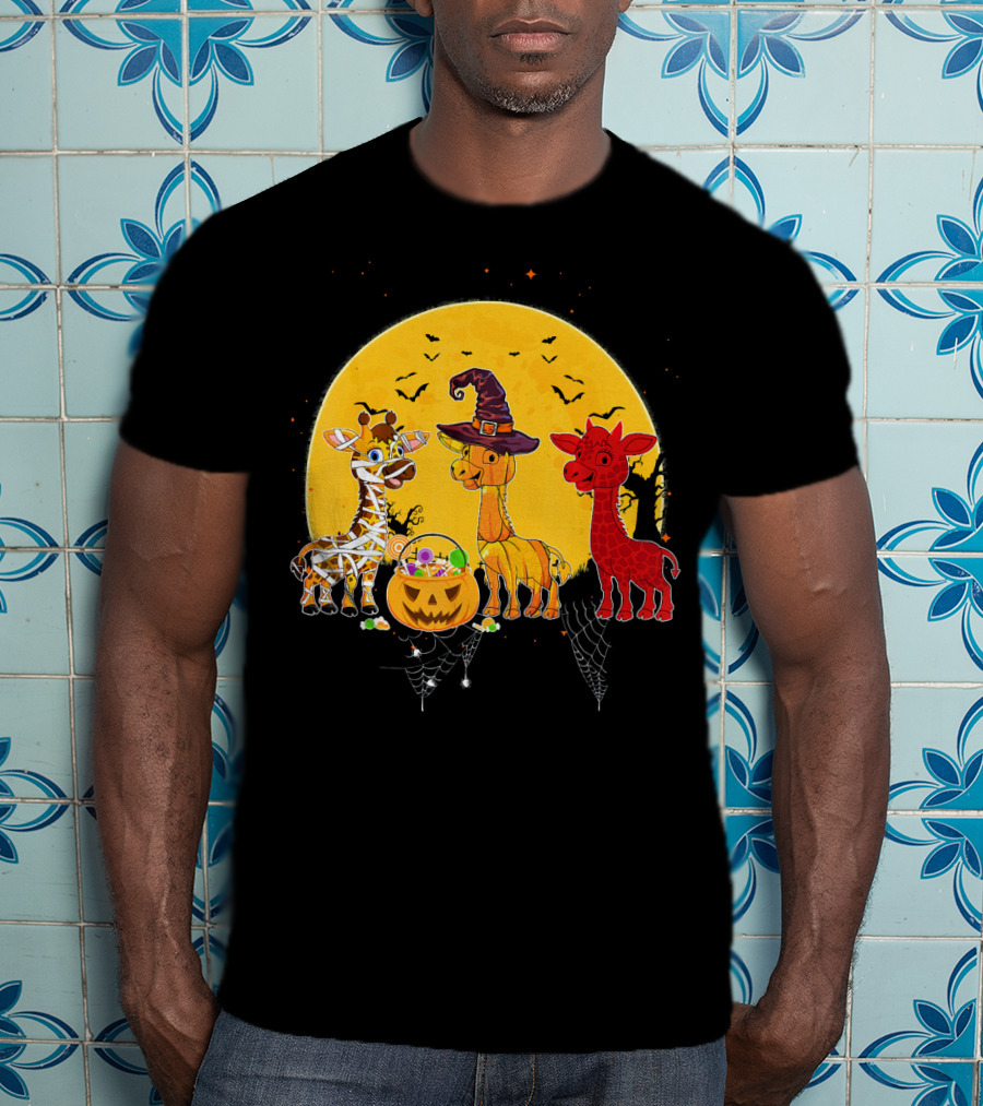 Three Giraffes Halloween Moon Mummy Witch Devil T-Shirt