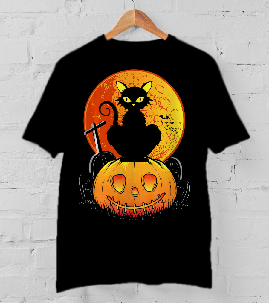 Halloween Black Cat On Pumpkin With Full Moon And Graveyard T-Shirt