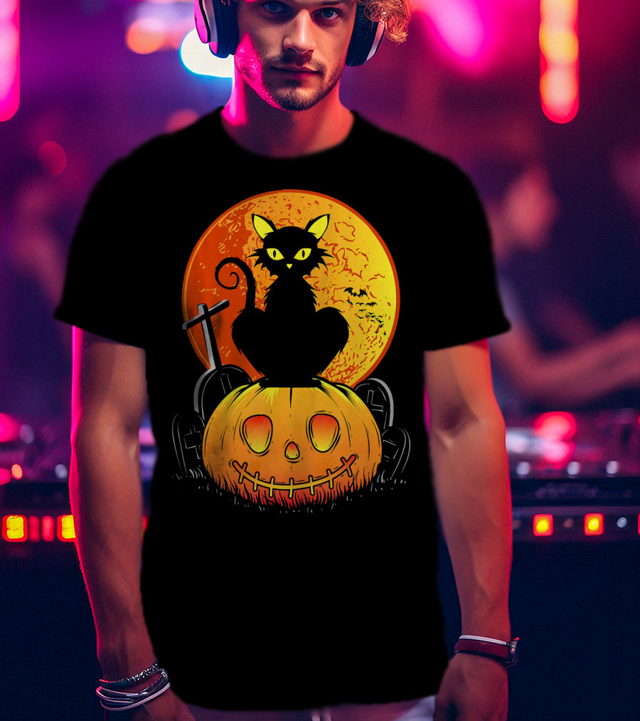 Halloween Black Cat On Pumpkin With Full Moon And Graveyard T-Shirt