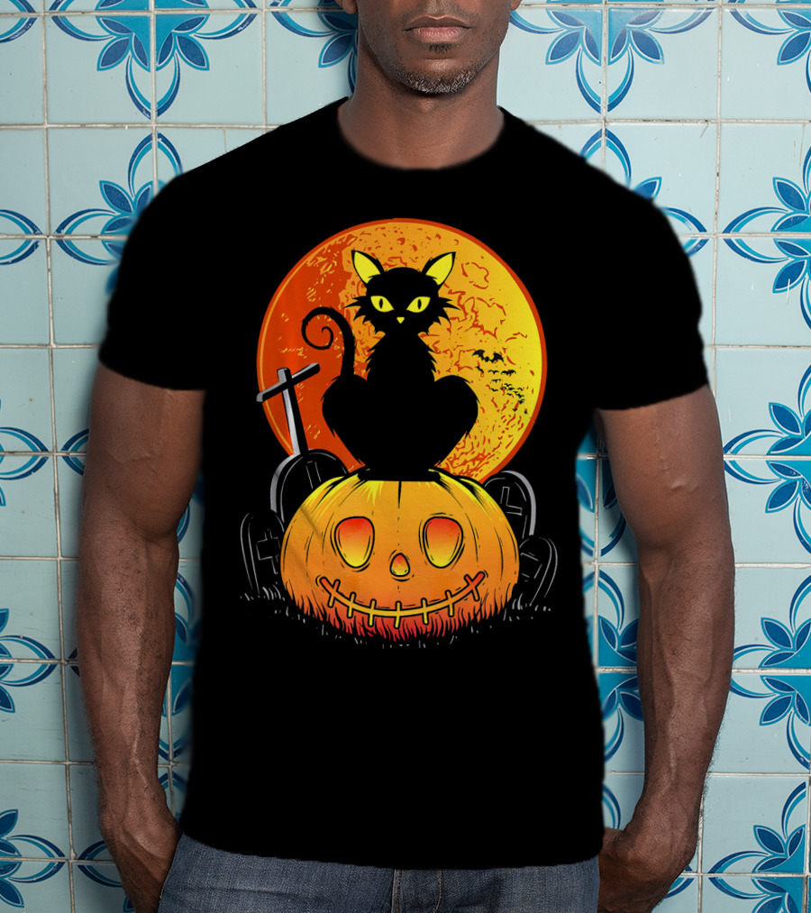 Halloween Black Cat On Pumpkin With Full Moon And Graveyard T-Shirt