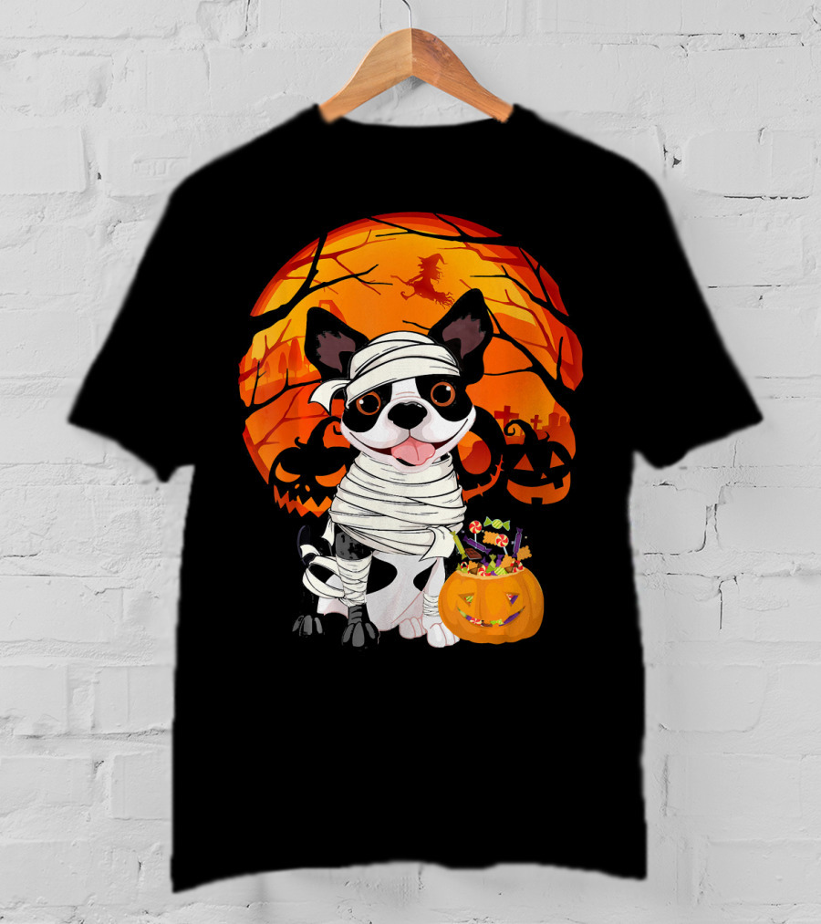 Halloween Kids Boston Terrier Mummy With Pumpkin And Witch T-Shirt