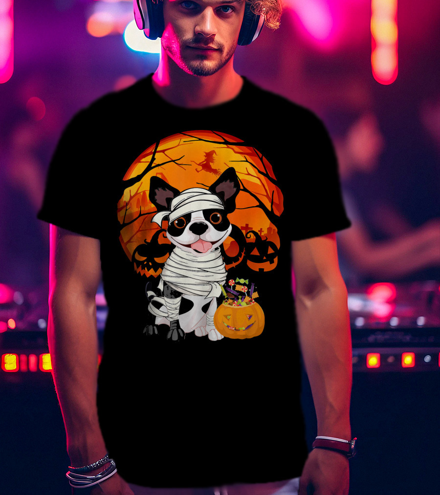 Halloween Kids Boston Terrier Mummy With Pumpkin And Witch T-Shirt