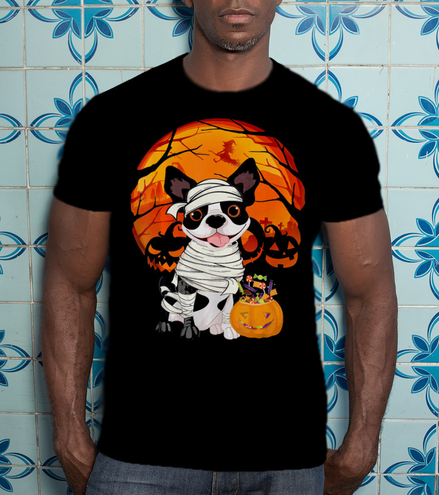 Halloween Kids Boston Terrier Mummy With Pumpkin And Witch T-Shirt