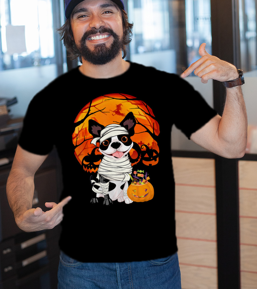 Halloween Kids Boston Terrier Mummy With Pumpkin And Witch T-Shirt